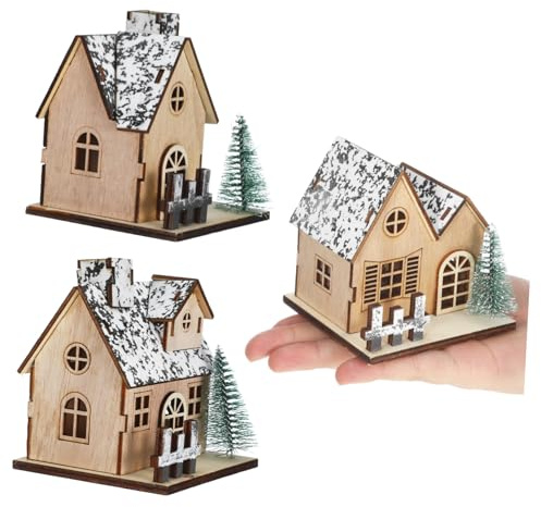 VICASKY 3 Pcs Miniature Wooden Christmas Houses with LED Lights Rustic Village Set for Table Centerpieces and Home Decor Warm Glowing Festive Ornaments for Holiday Ambiance and Gift Giving