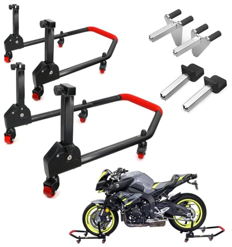 Area1 Motorradständer Set, Hinten & Vorne - 360 Grad drehbar auf Rollen - inkl. 2 Adapter für Diverse Motorräder, bis 300kg, hohe Stabilität und Festigkeit Schwingenadapter Motorradheber (Set4)