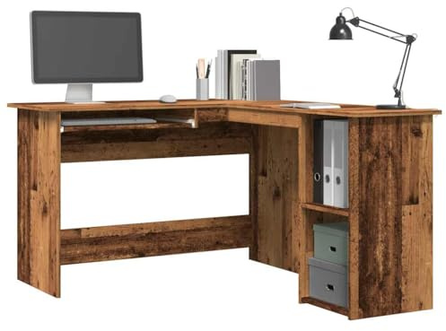 Zeehear Hörnskrivbord, gammalt träutseende, 120 x 140 x 75 cm, L-format datorbord med tangentbordshylla, 2 hyllor, trämaterial för kontor, hemmakontor