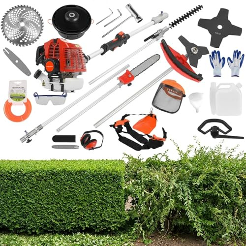 Débroussailleuse à essence 52 cm3,outil multifonction 5 en 1,coupe-bordures à 2 temps,débroussailleuse,scie à perche,taille-haie,moteur 9500 tr/min,équipement de jardinage pour cour et jardin (orange)