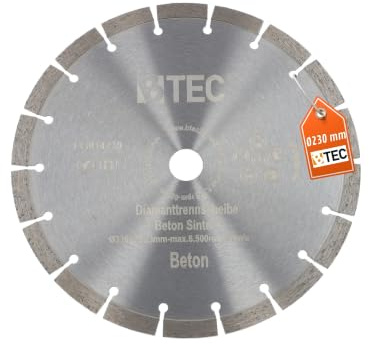 BTEC Diamanttrennscheibe Sinter für Beton Mauerwerk Ziegel Pflastersteine uvm. mit Bohrung 22,22mm für Winkleschleifer (Ø 230 mm)
