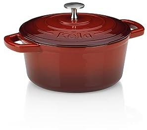 kela tegame in ghisa rotondo da 2,5 litri, Dutch Oven CALIDO, tegame in ghisa per induzione con coperchio, pentola in ghisa per cuocere il pane, smaltata, rossa
