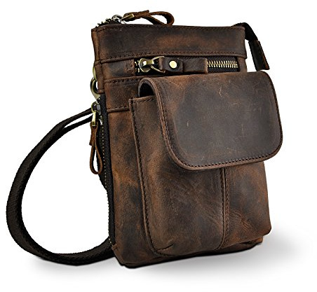 Le'aokuu Herren Echtes Leder Tasche Hüfttasche Hip Bum Fanny Belt Waist Pack Bauchtasche Kleines Haken Schultertasche Lassig Freizeit 611-18 (1 Dunkebraun)