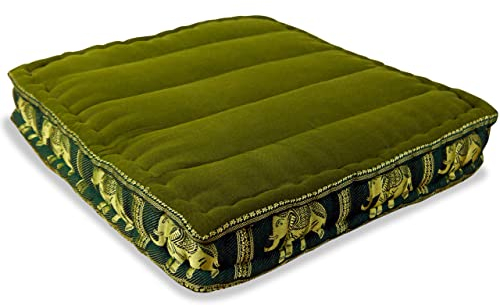 livasia Sitzkissen Boden Thaiseide - 50x50x10cm - Bodenkissen Indoor/Outdoor, Meditationskissen Yogakissen, Stuhlauflage Palettenmöbel, Steppkissen Bank handgefertigt (Grün/Elefanten Seide)