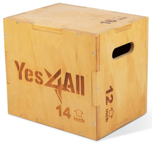 Yes4All Plyo Box, 3-in-1 Wooden Box Jumps for Home Gym, 450 lbs, Step Up with Smooth Edges & Wide Built-in Handles for Jumping, Strength Training, Lunges, Squats, Dips, Natural Wood