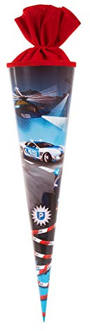 goldbuch 97 061 Schultüte Polizei, Geschenktüte mit Polizei-Motiv, Lackkarton, Geschenkverpackung mit rotem Filzverschluss (ohne Verschlussband), Zuckertüte rund, Länge 70 cm, Ø 19 cm, Mehrfarbig