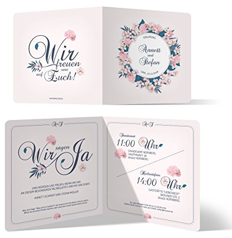 Personalisierte 10-100x Stück Hochzeitseinladungen/Einladungskarten zur Hochzeit Einladung individuell - Blumen Romantik Motiv, Klappkarte Quadrat 148x148mm, dickes 300g/qm Papier