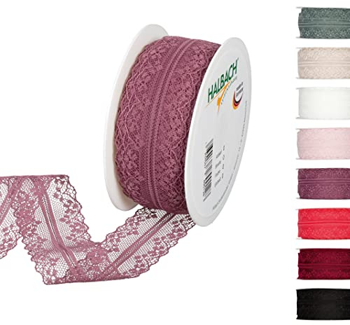 Halbach Spitzenband, 36 mm x 15 m, berry | Waschbare und wetterfeste Spitzenborte als Meterware auf der Rolle, zum Nähen, Basteln oder für Hochzeits-/ Tischdekoration