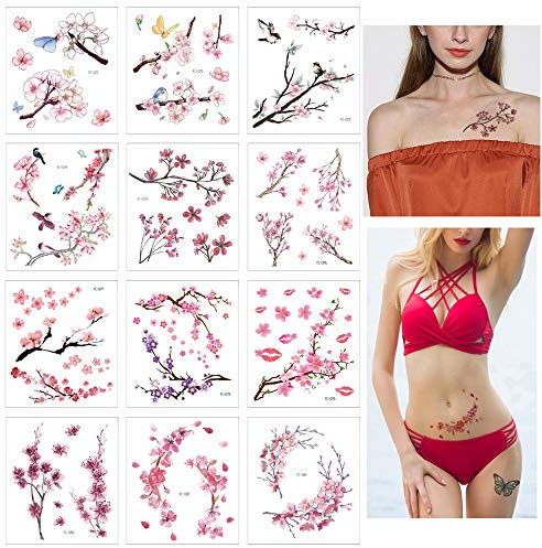 Glaryyears Lot de 12 feuilles de tatouages temporaires avec fleurs de cerisier - Faux tatouage réaliste pour femmes et filles - Feuille sexy - Art corporel pour les saisons