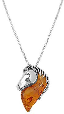 Kiara Jewellery Halskette mit Pferdekopf-Anhänger aus 925er Sterlingsilber, mit braunem baltischem Bernstein an 45,7 cm langer Erbskette., Silber, Bernstein