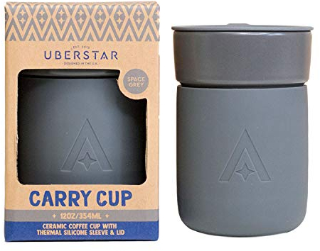 EST 2012 UBERSTAR BARWARE & GIFTS Carry Space Grey Ceramic Coffee Cup Insulated Thermal Silicone Lid 350ml
