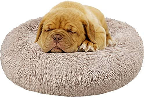 Enjamoy Donut Dog Bed Calming Cat Beds for Indoor Cats, Brown 60cm | Soft Round Large Cat Basket, Fluffy Puppy Beds for Small Dogs, Anti Anxeity, Non Slip Base, Machine Washable