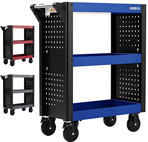 Arebos Servicewagen 3 Fächer | Werkstattwagen | Werkzeugwagen | Rollwagen für Transport und Lagerung | Multifunktionaler Etagenwagen | Allzweckwagen | 18-teiliges Hakenset | Blau/Schwarz