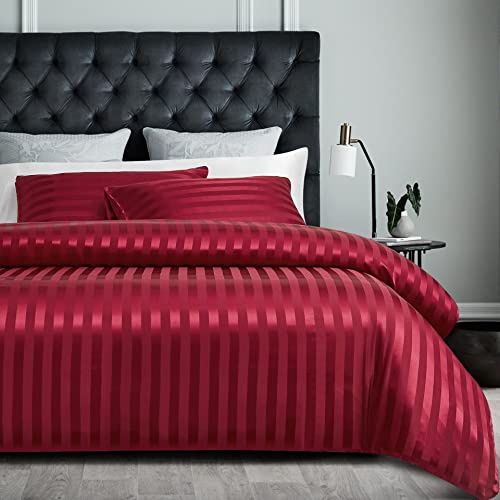 Sedefen Housse de Couette Satin Rouge 140x200cm + 1 Taie d'oreiller 65x65cm avec Fermeture Éclair Soyeux Parure de Lit 1 Personne Satin Rayé Lisse Luxe literie