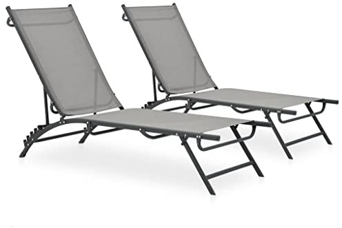 2-er Set Sonnenliegen Relaxliege Gartenliege mit Verstellbare Rückenlehne, Gartenliegestuhl Gartenstuhl aus Stahl und Textilene, Rollliege für Garten Terrasse Balkon, Grau 180,5 x 53 x 32,5 cm