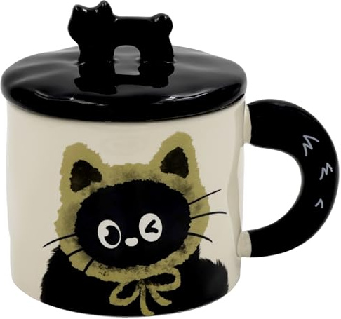 BIcoog Keramik Tasse Abdeckung mit Deckel Keramik Kaffee Tasse Teetasse Büro und Home Health Geschenk Schwarz Cartoon Katze Muster Nett 400ml
