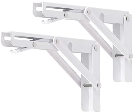 YUMORE Support d' Étagère Pliable 200mm Équerre Pliante Robustes Blanc | Équerres Étagères Console Rabattable Supports de Table Flottants Equerre Pliable pour établi, Charge Max 136kg, 2 Pcs