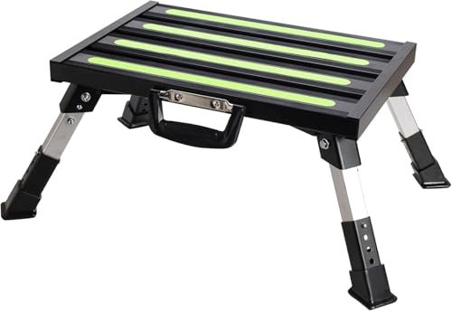 GarfatolRv Aluminum RV Steps, 4-Level Adjustable Folding Step Stool with Non-Slip Rubber Feet, Non-Slip Fluorescent Strip Platform Rv Accessories, Supports Up to 1000 lbs - Black