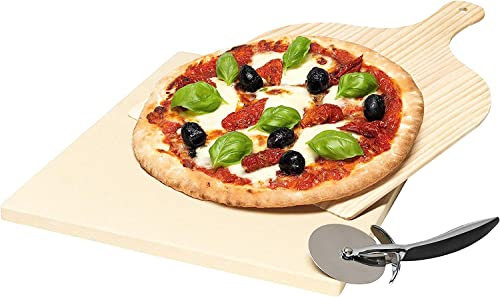 N2 ELECTROITALY SPietra Refrattaria per Pizza in Casa o Barbecue - Pietra Lavica per Forni per Pizza - Con Pala in Bambù e Rotella in acciaio - Crosta Croccante e Perfetta