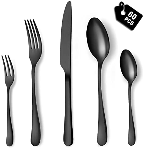 BEWOS servizio di posate per 12 persone, set di posate da 60 pezzi nero opaco comprensivo di coltello, forchetta, cucchiaio, posate in acciaio inox, lavabili in lavastoviglie