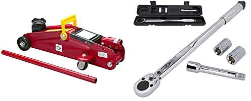 UNITEC Rangierwagenheber, Hydraulik 2 T Tragkraft, für Werkstatt und Hobby & Drehmomentschlüssel, Einstellbar von 40 bis 210 Nm, Antrieb 1/2 Vierkant, mit Stecknüssen 17/19 mm und Verlängerung