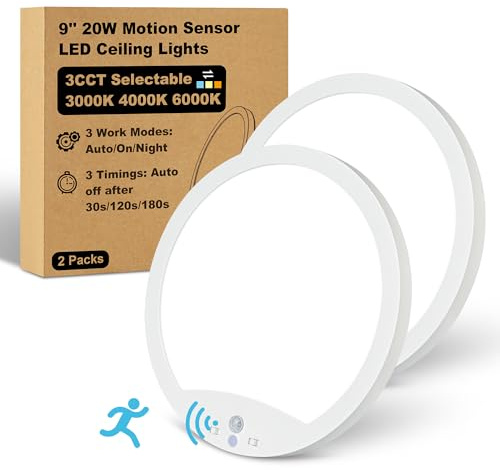 Hard-Wired Motion Sensor Ceiling Lights, 9in 20W Flush Mount Motion LED Ceiling Lights, 3000K 4000K 6000K Indoor Ceiling Light for Closet Doorway Stairway Hallway, 2 Packs, Not Battery Operated