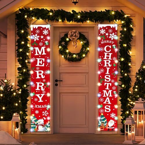 Idefair Carteles de Feliz Navidad con cadena de luces LED, decoraciones de puerta de Navidad al aire libre interior Año Nuevo bienvenida rojo letrero de porche de Navidad colgante para la pared del