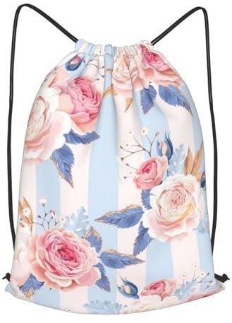 DEHIWI Blumen Streifen Kordelzug Tasche Wasserdicht Große Kordelzug Turnbeutel Sport Rucksack String Schwimmen Tasche Trainer Tasche Reisetasche Für Frauen Männer, Schwarz , M