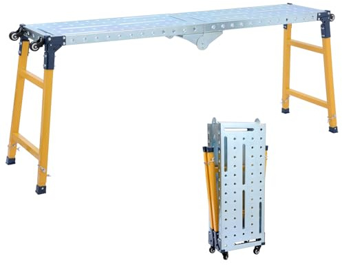 TOPWAY Vikbar justerbar arbetsplattform, 500 kg lastkapacitet, med 4 hjul kolstål halkfri yta hoppa upp arbetsbänk hopfällbar byggnadsställningar för inomhus utomhusjobb, 140 x 36 x 110 cm