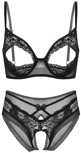 CHICTRY Womens Harness Bra Floral Lace Cupless Cage Bra and Panty Hollow Out Lingerie Set Nightwear 2# Black B XL