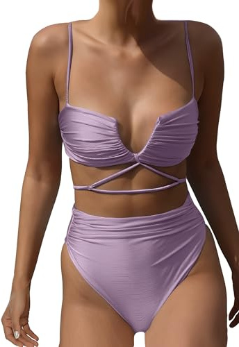 HYTENSUN Women's V Wired High Waisted Bikini Ruched High Cut Two Pieces Swimsuits Bathing Suits