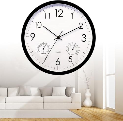 Dsongo Gartenuhr Wetterfest Outdoor, Geräuschlos Außenuhren Wasserdicht Mit Temperatur, Außenuhren Wetterfest Mit Thermometer und Hygrometer, Wetterfest Für Drinnen Und Draußen (Schwarz)