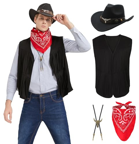 Firecos Cowboy Kostüm Herren Western Cowboy Cosplay Fransenweste mit Hut Halstuch Vintage-Halskette für Karneval Hippie Kostüm Set für Erwachsene