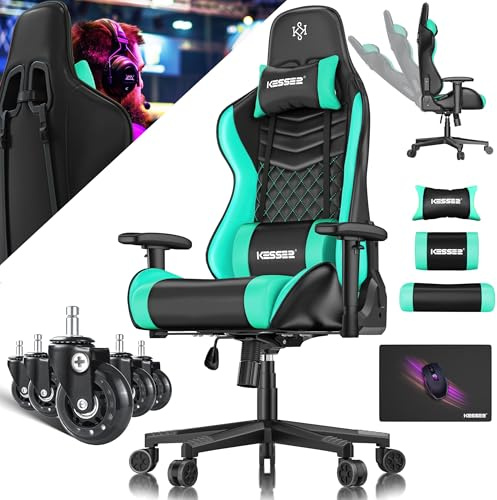 KESSER® Gamingstuhl Ergonomisch Gaming Stuhl Bürostuhl mit Kopfstütze & Lendenkissen | Racing Gamer Stuhl 150kg belastbar | Armlehne 360° | Drehbarer Schreibtischstuhl Gaming Chair + Gummi-Rollen