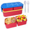 Porta Pranzo, Doppia Porta Merenda 1300 ML, Bento Lunch-Box con Posate Bambini, Portamerenda Bambino Scuola (Rosso)