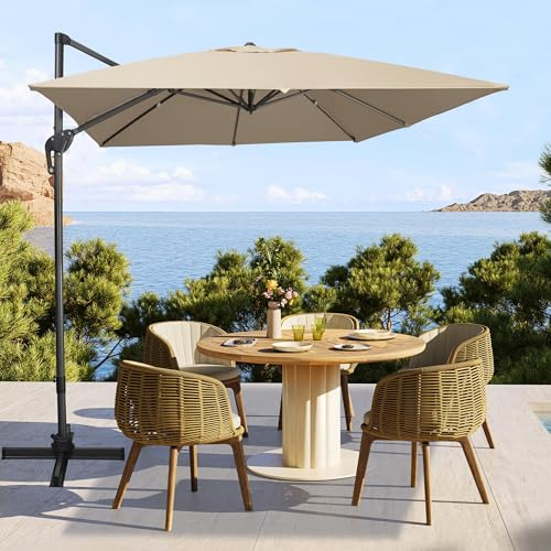 Sunnyglade 10x10Ft Cantilever Patio Umbrella Square 360° Rotation & Integrated Tilting System Offset Umbrella with 8 Sturdy Ribs, Fade-resistant & Waterproof for Garden Backyard Poolside Deck (Tan, 10x10FT)