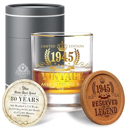CROWNLY CRYSTAL Regalos de cumpleaños número 80 para hombres, decoraciones de vaso de whisky personalizadas para papá y tío