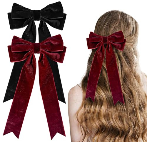 DMQ Velvet Hair Bows, 2Pcs Black Red Big Bow Hair Clips Set - Bowknot Metal Spring Clip with Long Tail Hair Ribbons Ponytail Holder French Barrettes Hair Accessories for Women Christmas Gifts