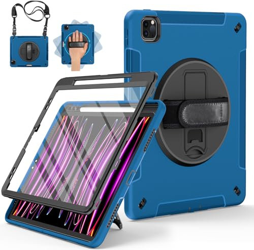 Miesherk Hülle für iPad Pro 12.9: 3-Schichte Robuste Stoßfest Case für iPad Pro 12,9 Zoll 6./5./4./3.Generation mit Displayschutzfolie-Stifthalter-Drehbare Ständer-Handschlaufe-Schultergurt-Blau