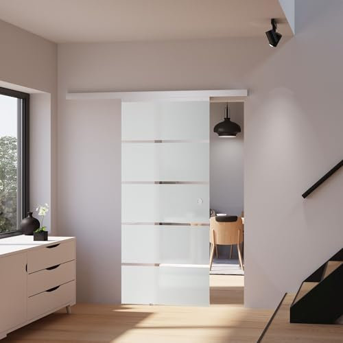 inova Glas-Schiebetür 900 x 2150 mm Blockstreifen Design Alu Komplett-Set mit Laufschiene beidseitigem Softclose Griffmuschel