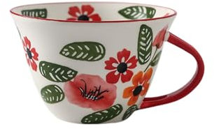 Treer Kaffeetasse Porzellan, Floral Muster Cappuccinotassen Kaffeebecher mit Henkel 650ml/22oz Steingut Kaffeetassen Cappuccino Tassen Mokkatassen Espressotassen Teetasse (Rot Blume)