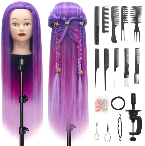 Tete a Coiffer, 28 inch 100% de Cheveux Synthétiques Têtes d'exercice Tête À Coiffer Coiffure Cosmétologie tete a coiffer professionnelle Poupée avec Support + Ensemble de Tresse (Violet rouge rose)