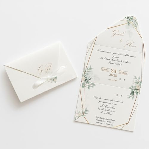 PV Grafik® 15 Partecipazioni Matrimonio Personalizzate, Inviti Matrimonio a Busta, Invito Partecipazione Nozze, Sposi, 15x28 cm Nastrino inclusa, Personalizza invito e scegli la quantità. (M40)