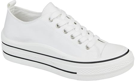 Urban Jacks Ladies Lace Up Platform Sole Canvas Baseball Sneakers 4-8 (White, UK Footwear Size System, Adult, Women, Numeric, Medium, 8)