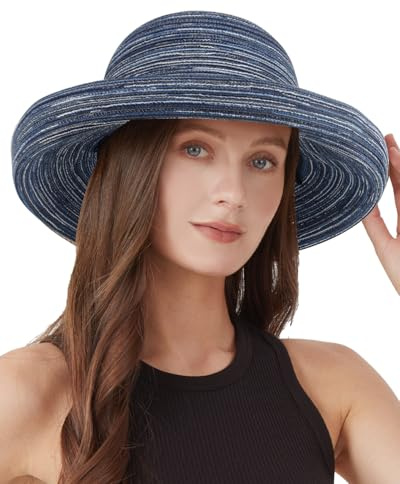 Zylioo S/M/L/XL/XXL Bowler Stroh Sonnenhut Großen Kopf,Sonnenschutz Strohhut mit Roll-up Krempe,UPF50+ Sommerhut Strandmütze