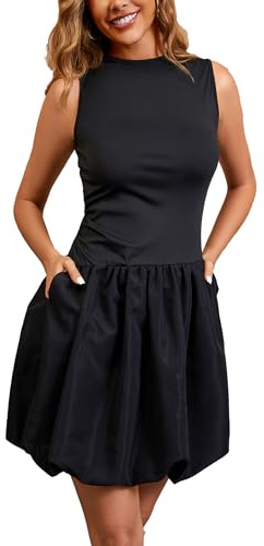 sabrilila Summer Bubble Black Dress for Women Sleeveless Slim Fit Cute Drop Waist Cocktail Party Club Mini Dress with Pocket