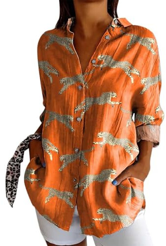 2025 - Nouvelle chemise à revers tendance longue imprimée décontractée pour femmes à carreaux blouses femmes bleu, Orange, 5XL