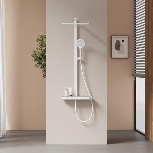 EMKE Duschsystem mit Thermostat, 360 x 240 mm Regendusche, Anthrazit | 40 cm Ablage, 3 Strahlarten, Handbrause 4 Strahlarten, Höhenverstellbar Komplettset, Regendusche mit armatur, für Bad
