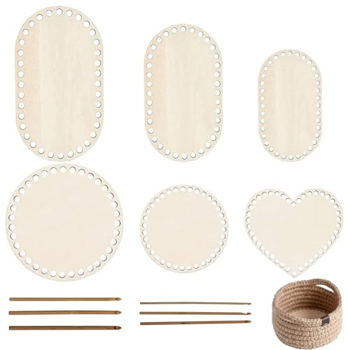 YFaith 6 Stück Korbboden zum Häkeln, Holz Holzboden für Häkelkorb, 3 Formen Körbe Häkeln mit Holzboden Set, mit Häkelnadeln, für DIY-Korbstricken und Wohnkultur