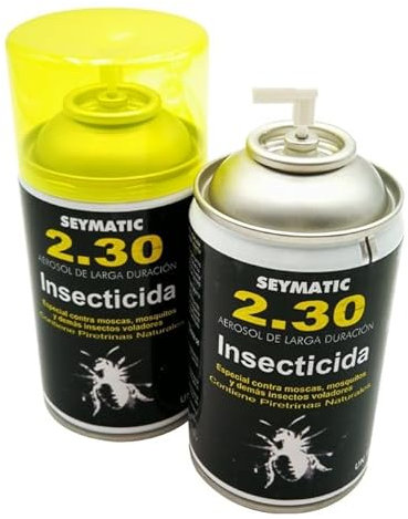 Insecticida Profesional Seymatic 2.30, con Piretrinas sintéticas y naturales. Mata fulminantemente Moscas, Mosquitos y cualquier insecto volador. Aroma neutro. Pack de 6 insecticidas